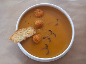 Pumpkin and sage soup at Koukoumi Hotel in Mykonos