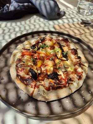 The pizzas are actually pretty good at Koukoumi Hotel in Mykonos