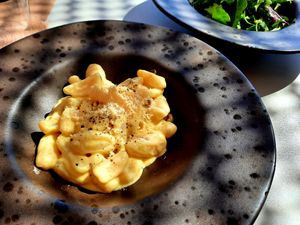 Fantastic pasta carbonara at Koukoumi Hotel in Mykonos