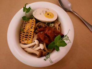 Don't miss the ramen!!! It's fantastic. The egg is made of cashews and pumpkin. at Koukoumi Hotel in Mykonos