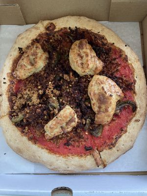 Sauzage and Pepper Pizza with cashew ricotta and seitan sausage.  at Flatbread & Butter in St Petersburg