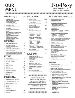 Menu. Please call ahead for availability. Fresh fruits are sourced locally when available.  at PoPsy in Tupelo
