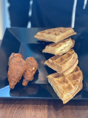Spicy chik’n and waffles - brunch item at The Vtree in Los Angeles