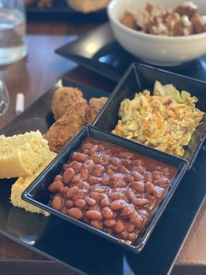 Soul plate with original chik’n, coleslaw and baked beans at The Vtree in Los Angeles