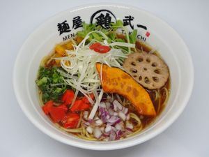 Soy flavored Vegetable Ramen. Using Eco water with over 30 minerals. Topped with several kinds of flesh vegetables. Gluten-free noodle option(Vegan Option) available.
 at Menya Takeichi Anokubodai in Tokyo