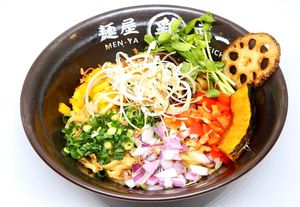 Vegetable Mazesoba.(mixed noodles) It doesn't contain any animal products. We promise, our special vegetables sauce with chewy thick noodles take you great experience. at Menya Takeichi Anokubodai in Tokyo