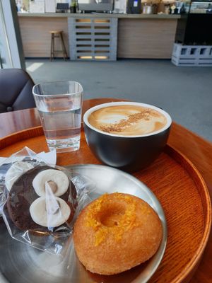 soy cappucino and snacks at Vegan Bakery Cafe Heal 비건베이커리카페힐 in Namyangju