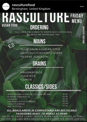 Friday per order menu  at Rasculture Vegan Food in Birmingham
