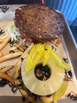 Veggie patty burger with all the vegan toppings at Relish in Gainesville