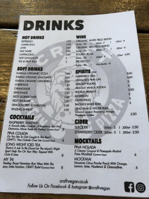 Drinks menu at Craft Vegan Pizza in Ryde