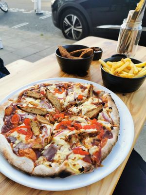 Bbq chicken pizza and Chickn strips at Craft Vegan Pizza in Ryde