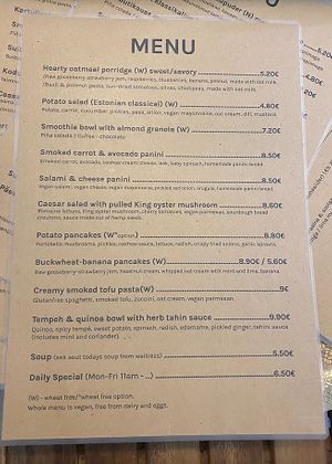 English menu  at Kringel in Tallinn