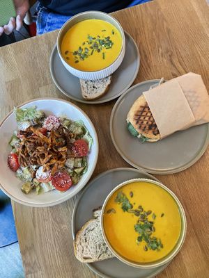 Daily soup (pumpkin), panini and ceaser salad  at Kringel in Tallinn