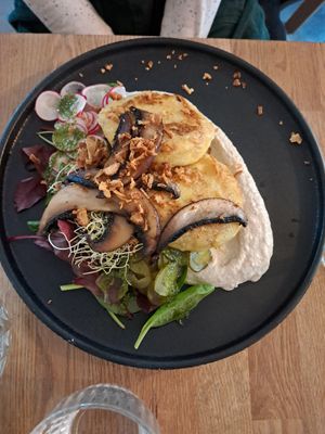 Potato pancakes with portobello mushrooms at Kringel in Tallinn