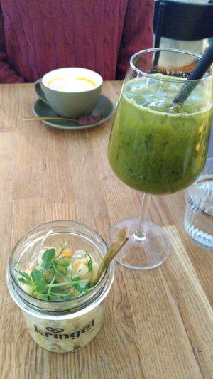 Estonian potato salad, Orange matcha (in wine glass) and Turmeric latte (in the back) at Kringel in Tallinn