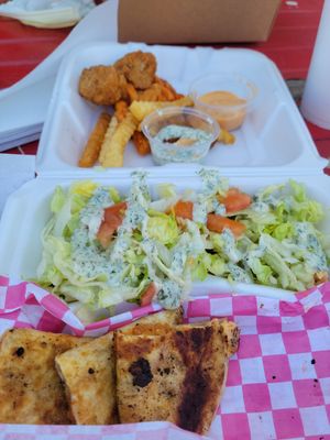 Que'sadilla w/ a side of fries and Plant Bae Wings at Plant Bae in Montgomery