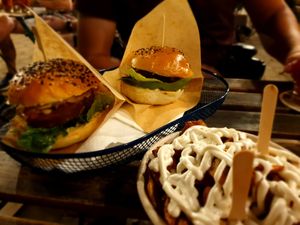 Burger and fries with veganaise at LIŠKA in Prague