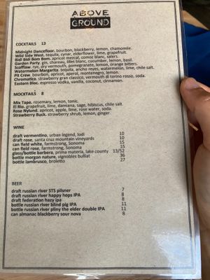 Drink menu, 2021-08-18 at Above Ground - Pop-up in Oakland