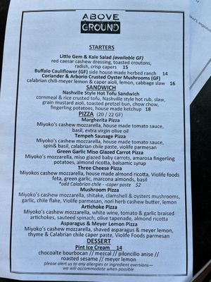 December 2022 menu at Above Ground - Pop-up in Oakland