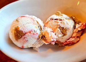 Vanilla bean ice cream with stone fruit and brown sugar almond cake at Above Ground - Pop-up in Oakland