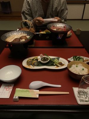 Evening set meal featuring several courses. Featured here is the mushroom ‘shabu shabu’ main course. at Matsumotoro Hotel in Gunma