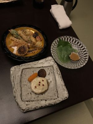 Vegetable tempura, konjac sashimi with miso, and grilled soy cheese. at Matsumotoro Hotel in Gunma