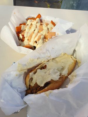 Yum! Cheesesteak and chili fries  at Viva! Vegetarian Grill - Food Cart in Eugene