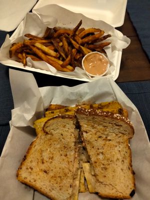 Tempeh Reuben with yummy fries and "special sauce".  at Viva! Vegetarian Grill - Food Cart in Eugene
