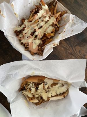Chilli cheese fries and cheesesteak   at Viva! Vegetarian Grill - Food Cart in Eugene