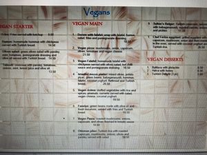 Vegan menu at Constantinople in Albany