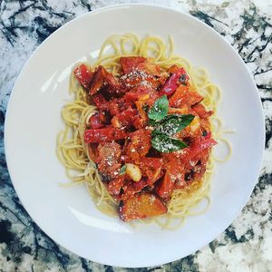 Giambotta, potatoes, eggplant,tomatoes,onions,red peppers, & basil with marinara at Pizzanada in Bloomfield