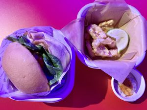 Vegan cheeseburger and vegan calamri w/ tartare dip at Love Handle in Central Singapore
