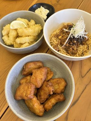 Nuggets, calamari and misua ginger chicken  at Love Handle in Central Singapore