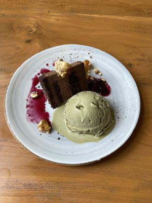 Choc mousse cake w/ kind of a greentea ice cream (sooo good)  at Love Handle in Central Singapore