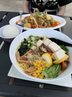 Tofu and tempura veggies in volcano sauce and tofu ramen with veggies. So tasty! at Ichi Ni San in Daytona Beach