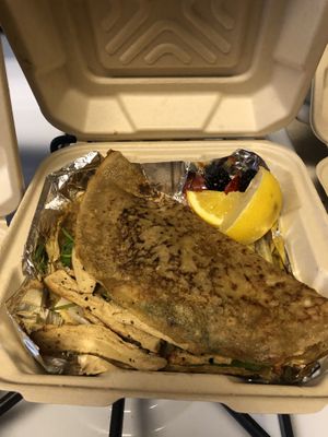 Spinach crepe made vegan ad gardein chicken at The Crêpe Place in Santa Cruz
