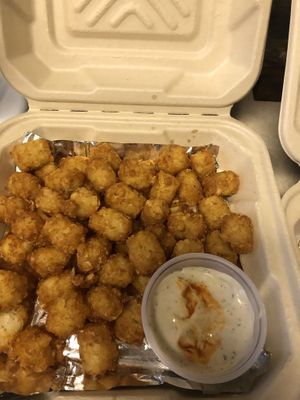Tots fried in vegan fryer with vegan ranch at The Crêpe Place in Santa Cruz