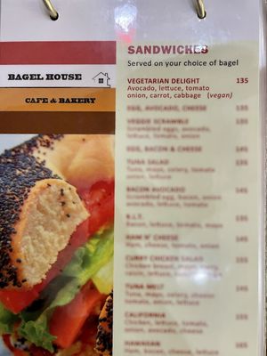 Menu section: Sandwiches;  one vegan option  at Bagel House in Chiang Mai