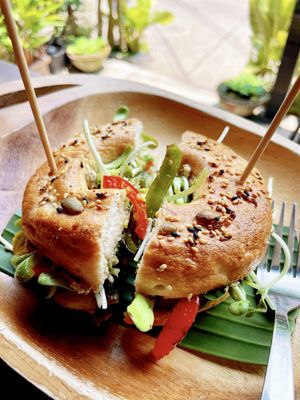 Hummus scramble sub pesto  at Bagel House in Chiang Mai