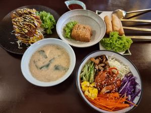 Teriyaki Tempura Tofu and Springrolls, Bibimbap Rice at Tian Yun Vegan 天云蔬食 in Penang