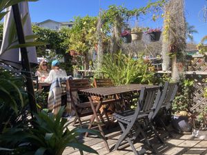 Small outdoor dining patio at Peace Pies in San Diego