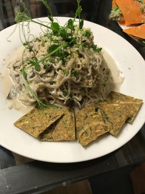 Yummy mushroom stroganoff at Peace Pies in San Diego