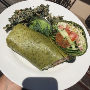 Falafel wrap and kale chips at Peace Pies in San Diego