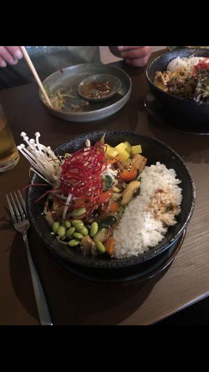 Don Bowl (Rice, veggies, tofu, seitan, teriyaki and mushroom sauce)   at An Chay in Leipzig