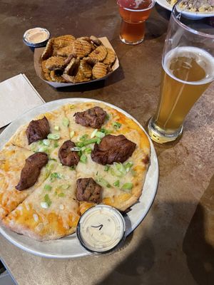 Vegan Buffalo pizza and fried pickles at Trinity Brewing Company in Colorado Springs