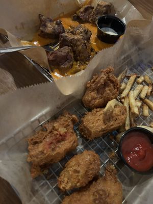 vegan corn dogs and chips, vegan buffalo wings  at Trinity Brewing Company in Colorado Springs