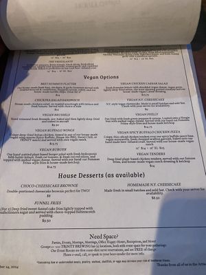 marked vegan items  at Trinity Brewing Company in Colorado Springs