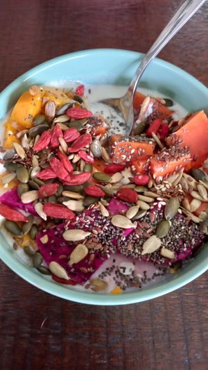 Coconut yogurt with mixed fruit and mixed seeds at Pim's Organic Boutique in Koh Phangan