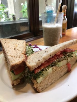 Hummus sandwich and frozen chai smoothie at Liquid Earth in Baltimore