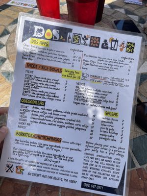 One side of the menu   at Dos Mas in Oak Bluffs